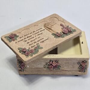 Serenity Prayer Music Box Jewelry Trinket Roses Praying Hands Floral Christian